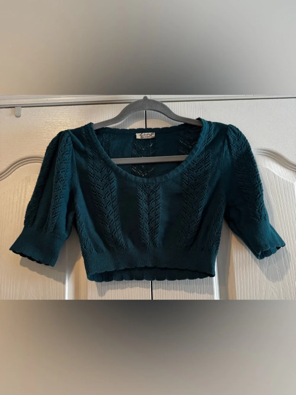 Free People Teal Pointelle Knit Cropped Short Sleeve Sweater - Size S